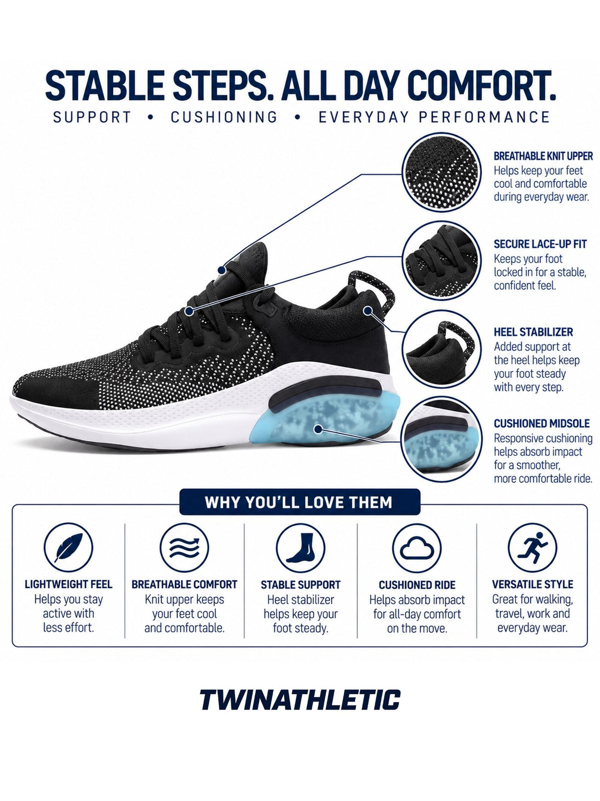 Walking Sneakers with Heel Stabilizer