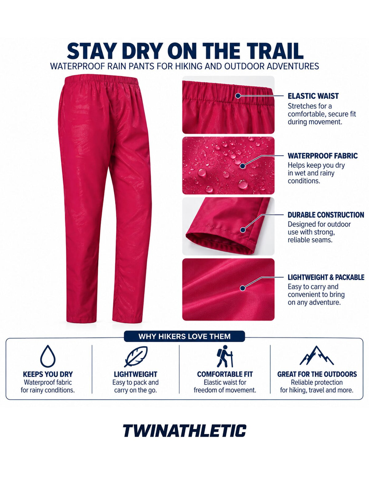 Waterproof Hiking Rain Pants (Elastic Waist)