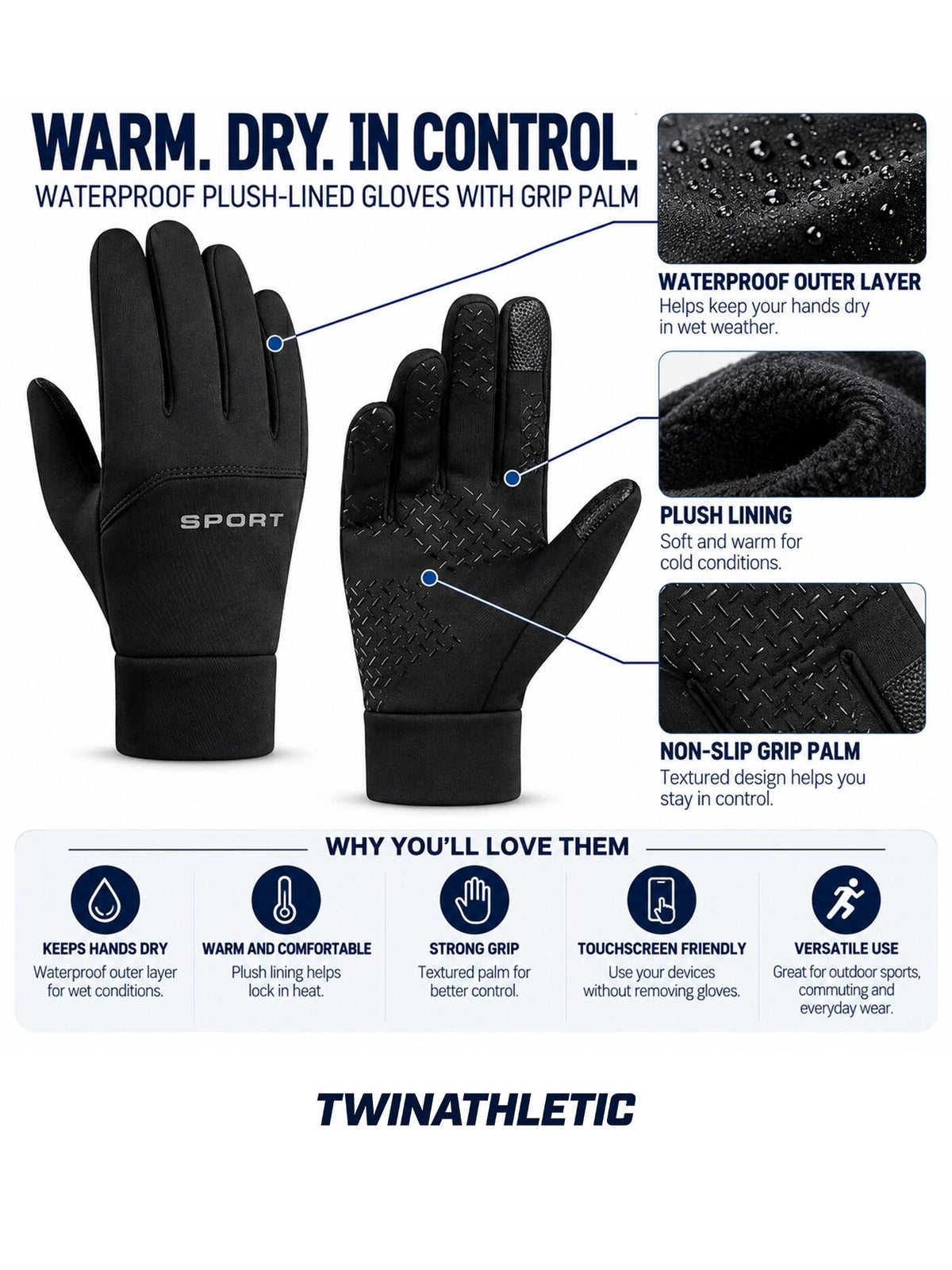 Waterproof Plush-Lined Gloves with Grip Palm