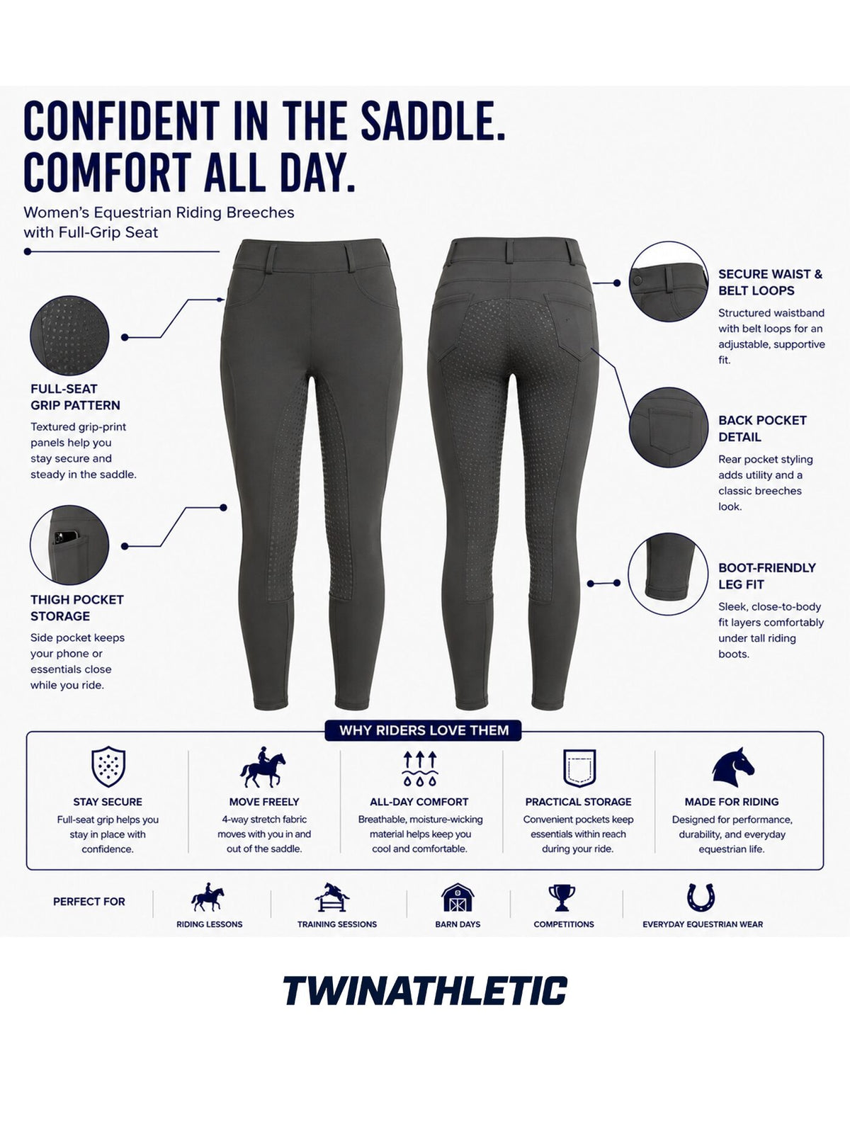 Women's Equestrian Riding Breeches with Full-Grip Seat