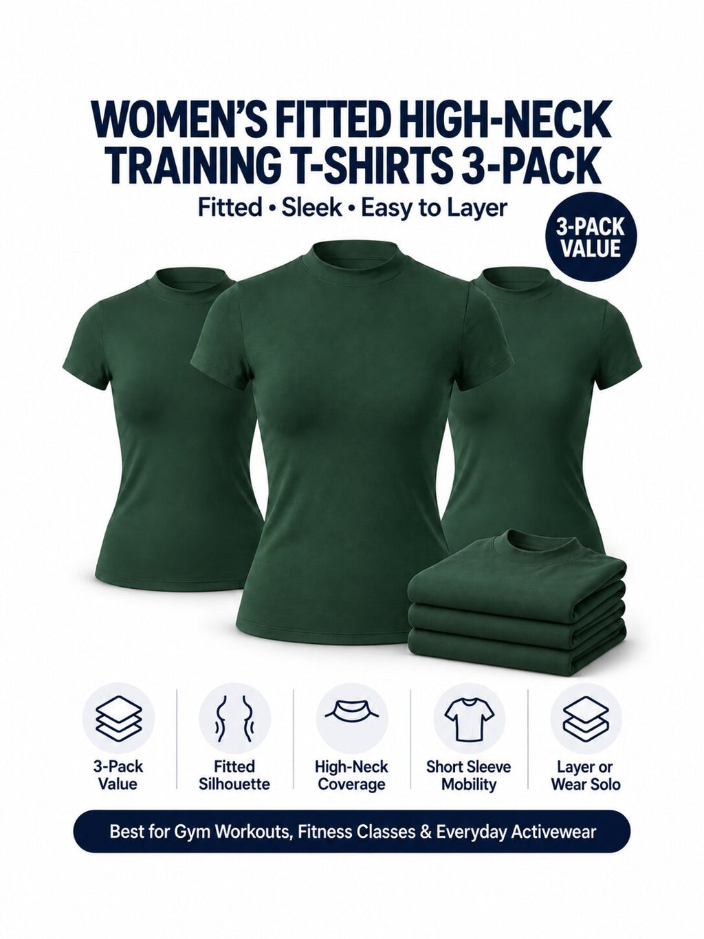 Women's Fitted High-Neck Training T-Shirts - 3-Pack