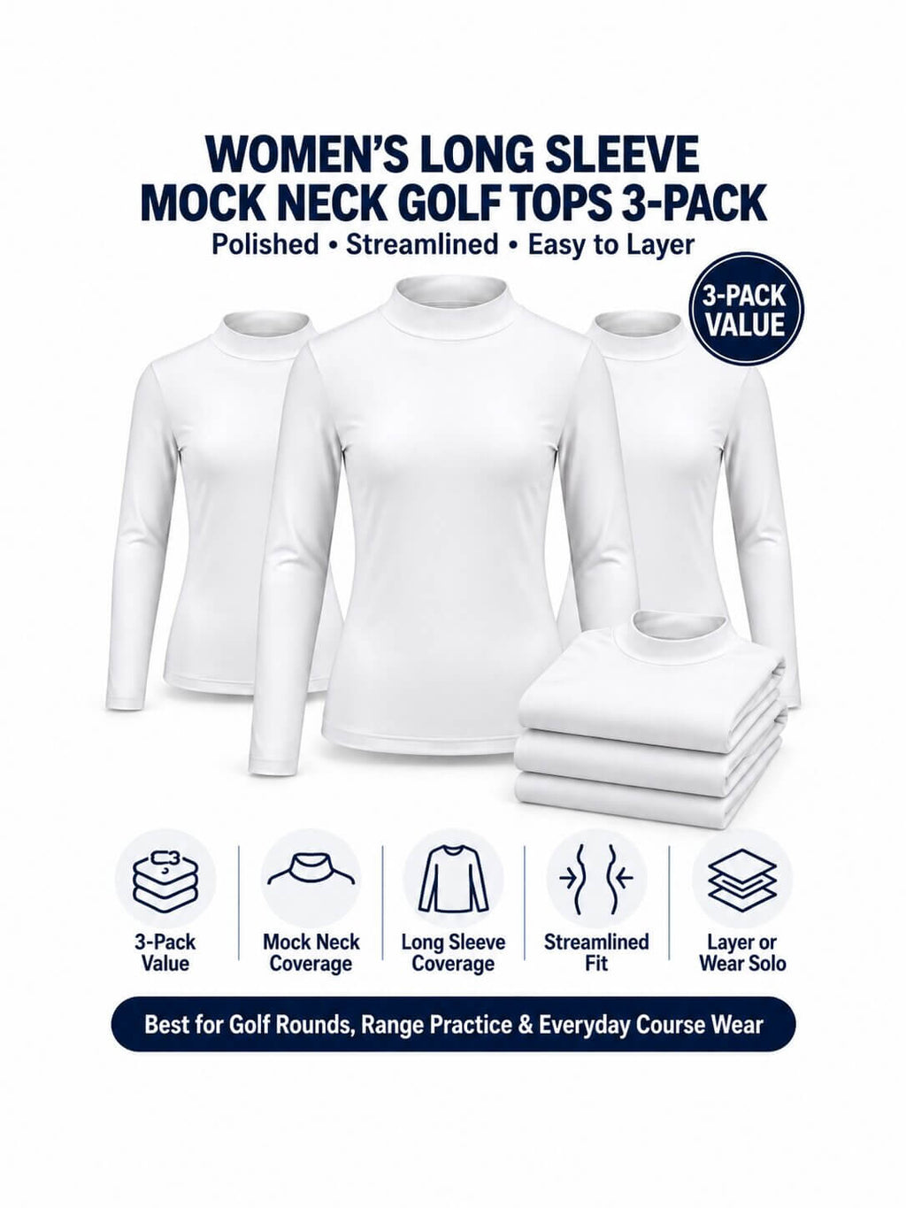 Women's Long Sleeve Mock Neck Golf Tops - 3-Pack