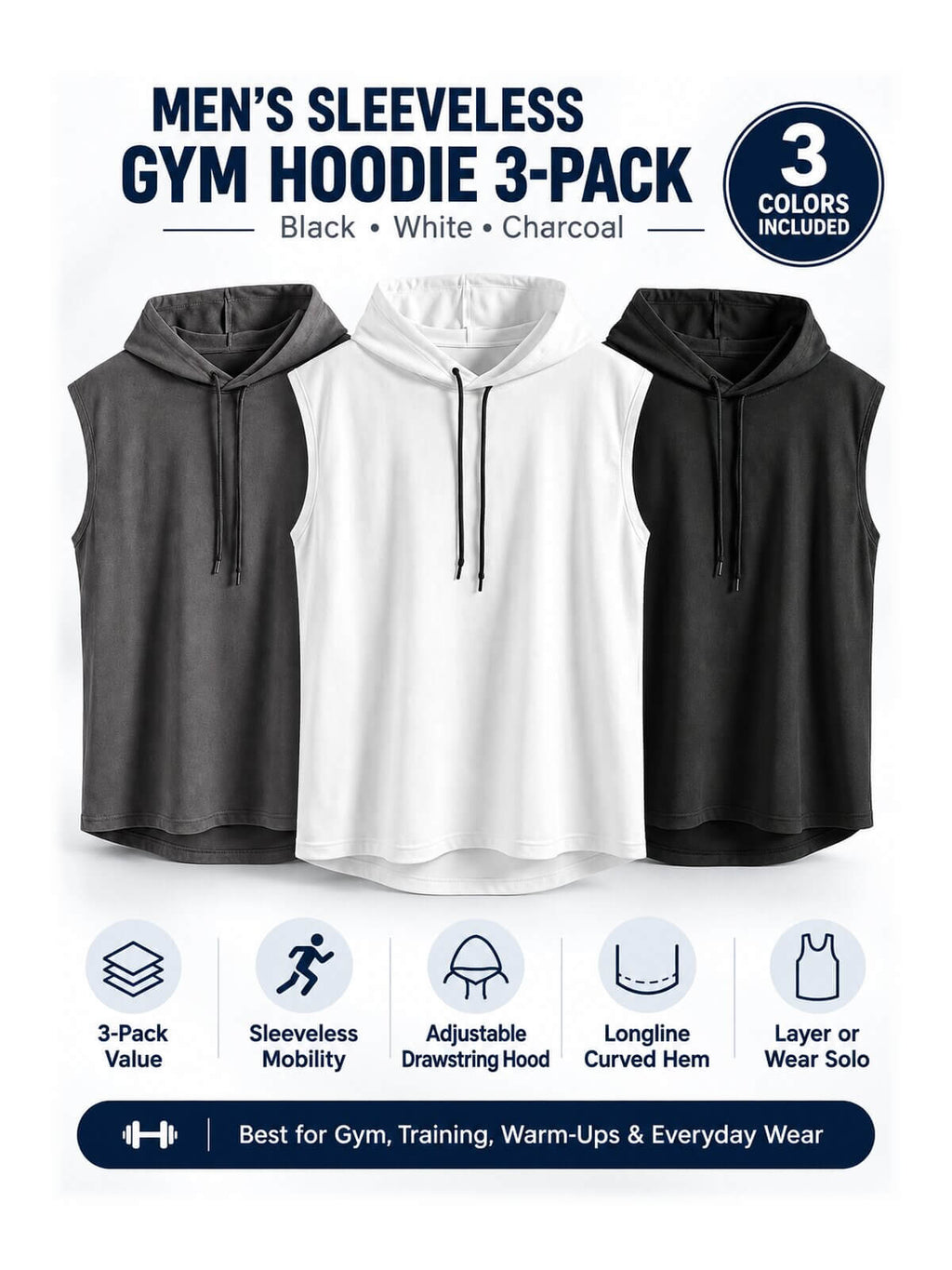 Men's Sleeveless Gym Hoodies - 3-Pack