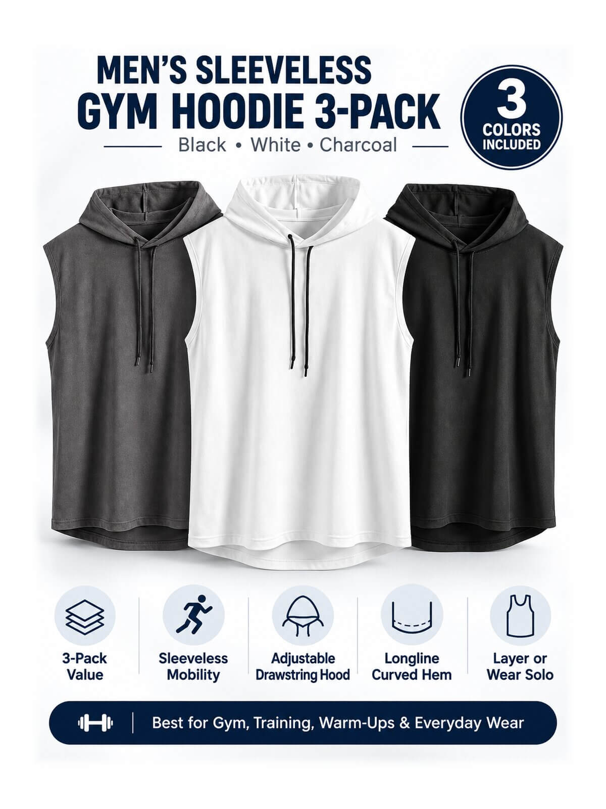 Men's Sleeveless Gym Hoodies - 3-Pack